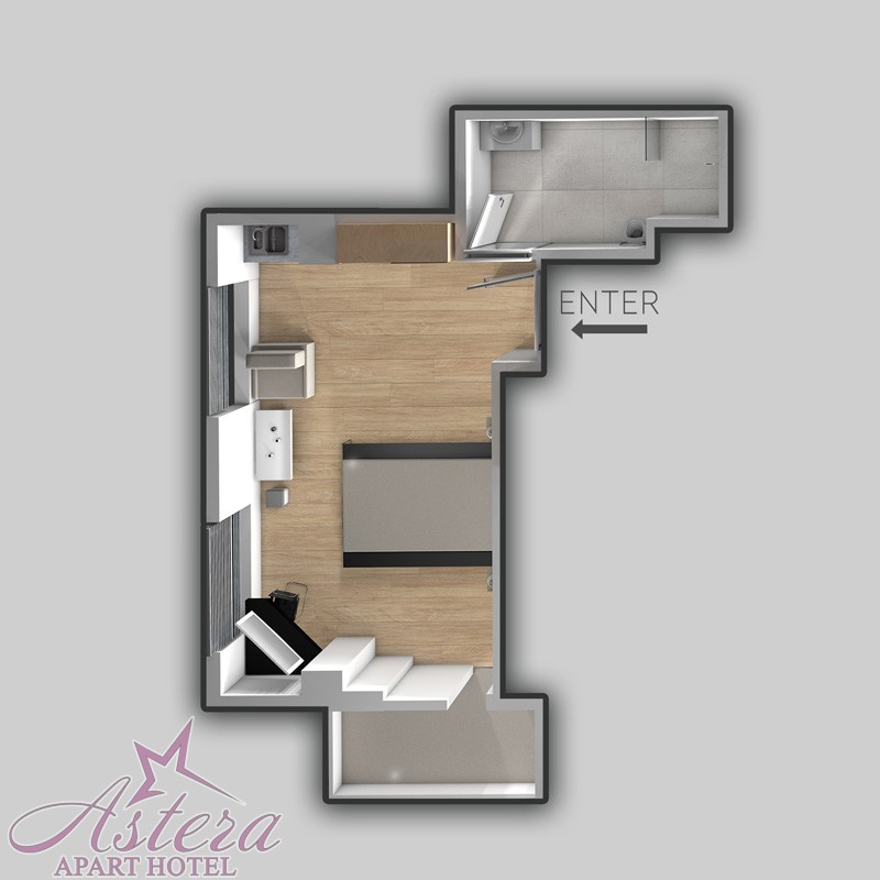 Studio Apartment with Balcony room blueprint 2