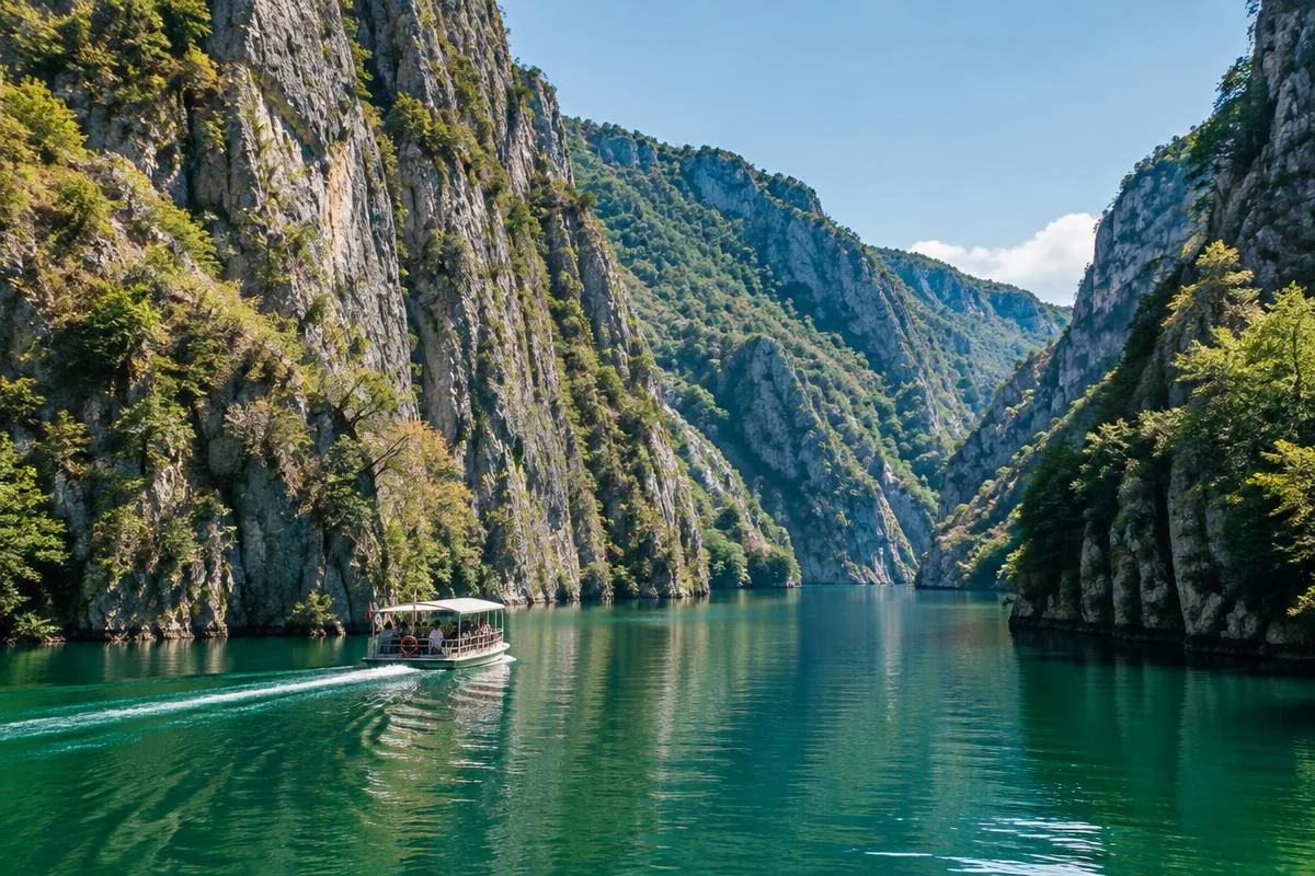 Boat on the emerald water of Matka Canyon